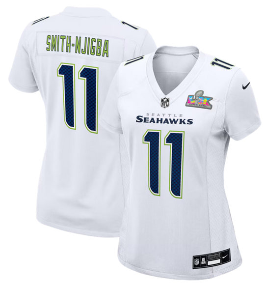Women's Seattle Seahawks #11 Jaxon Smith-Njigba White 2025 Super Bowl LX Patch Tundra Fashion Stitched Game Jersey(Run Small)